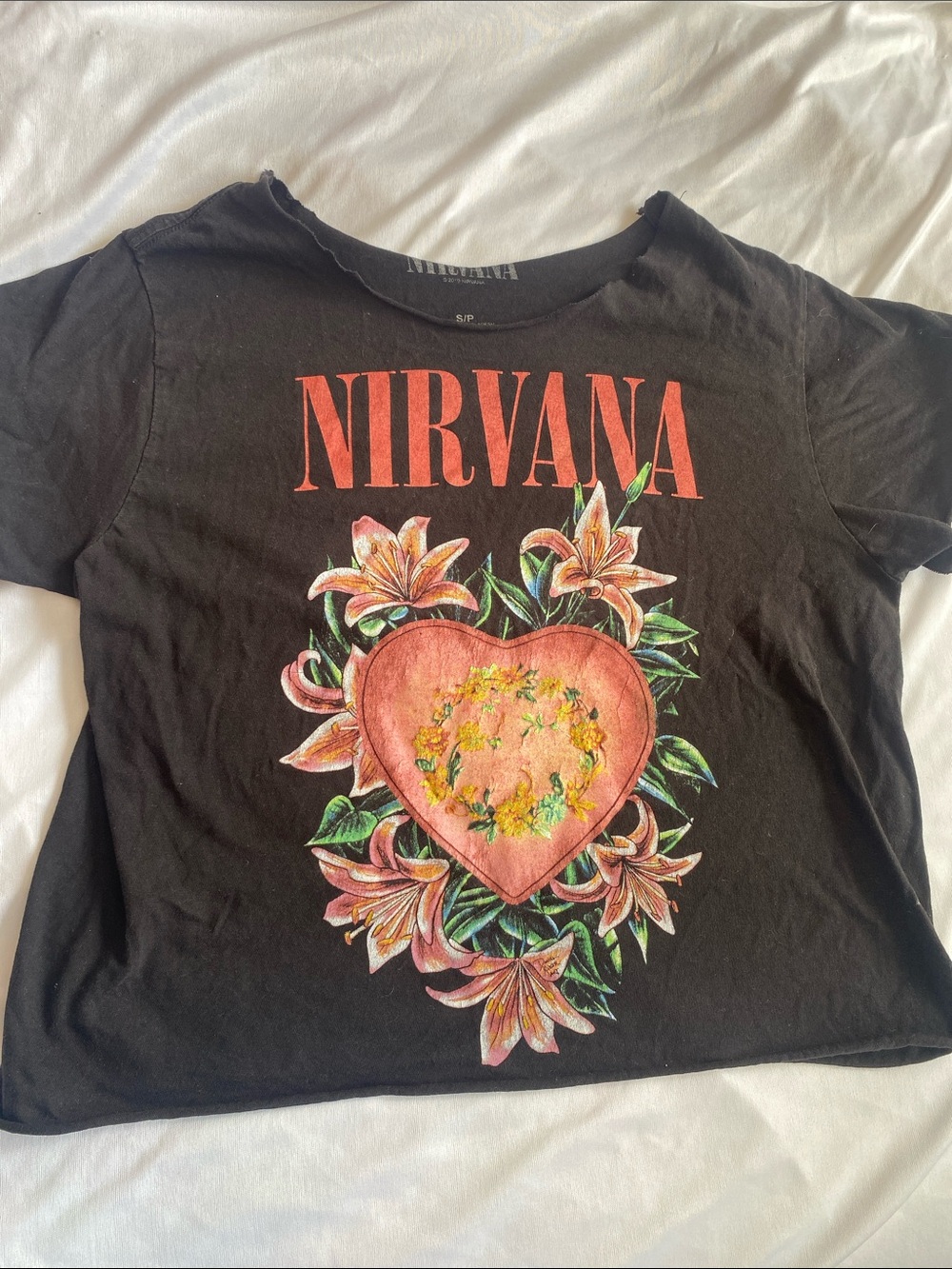 NIRVANA Black Tee with Coral Heart and Floral Artwork